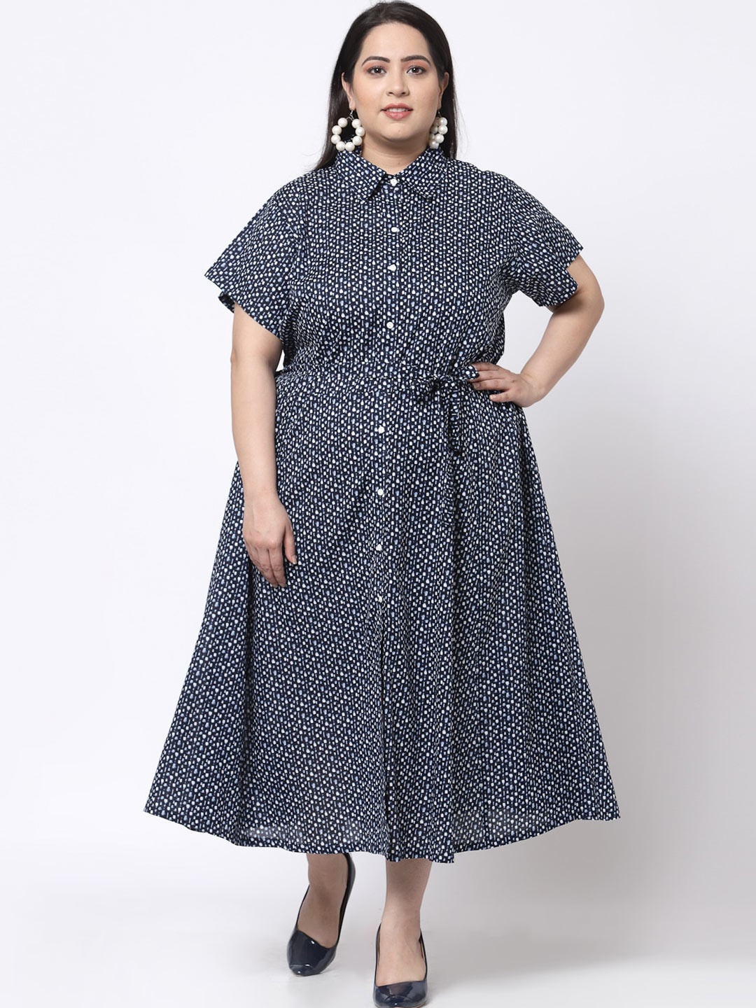 

KLOTTHE Blue Polka Dots Printed Shirt Midi Dress