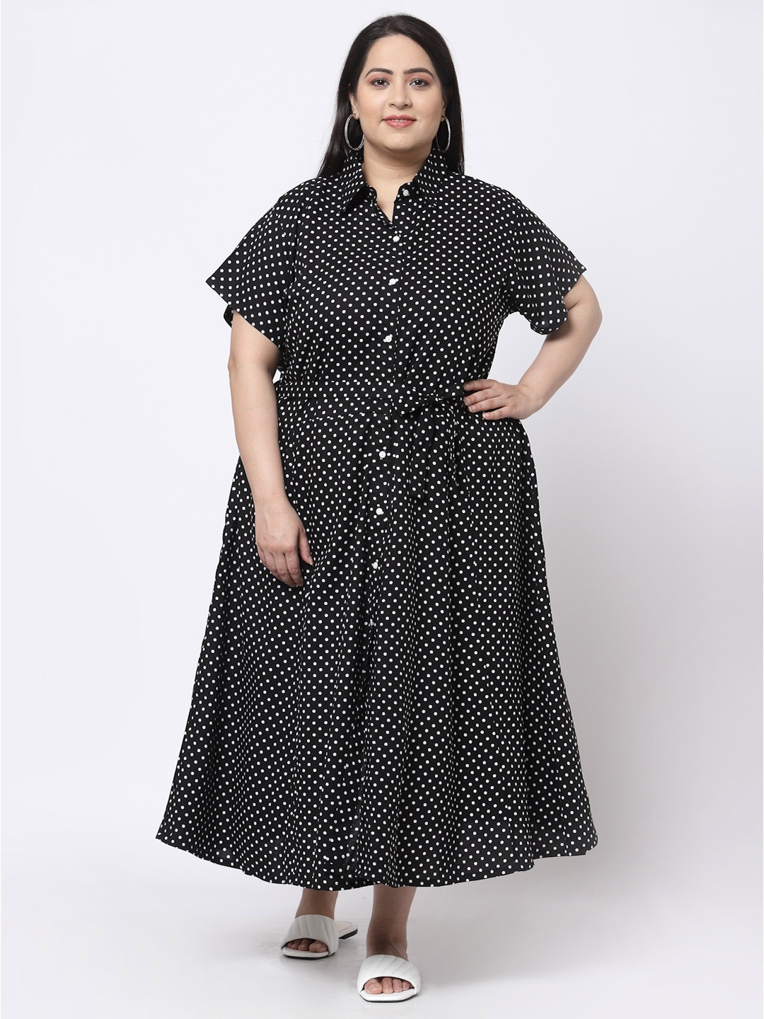 

KLOTTHE Black & White Polka Dots Printed Cotton Shirt Midi Dress