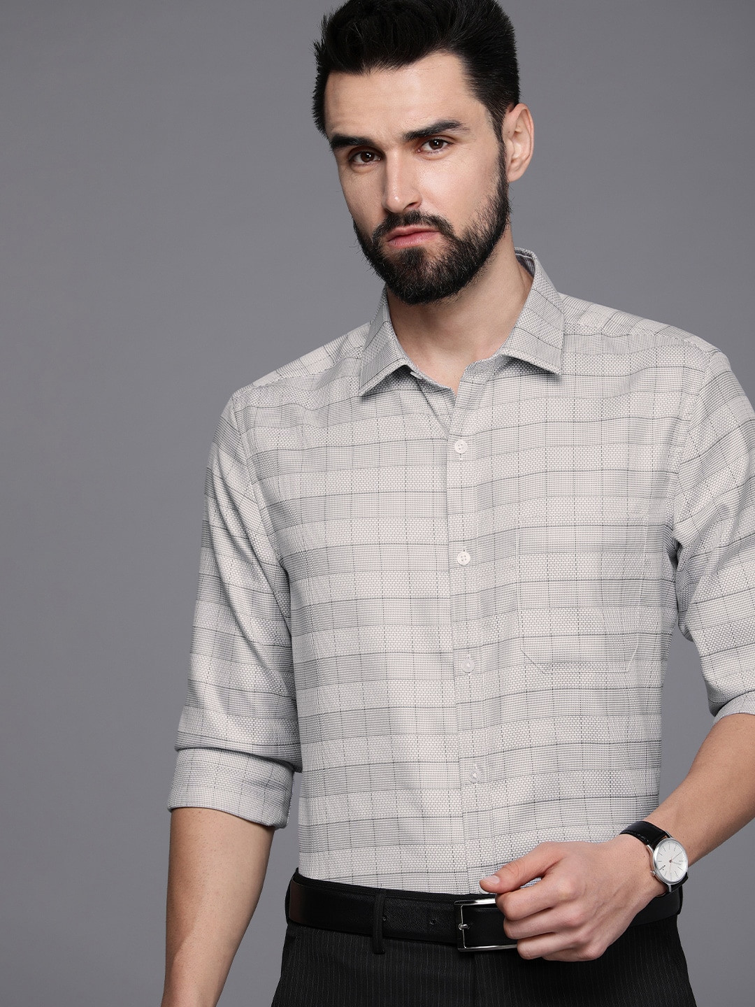 

Louis Philippe Men Grey Checked Slim Fit Cotton Formal Shirt
