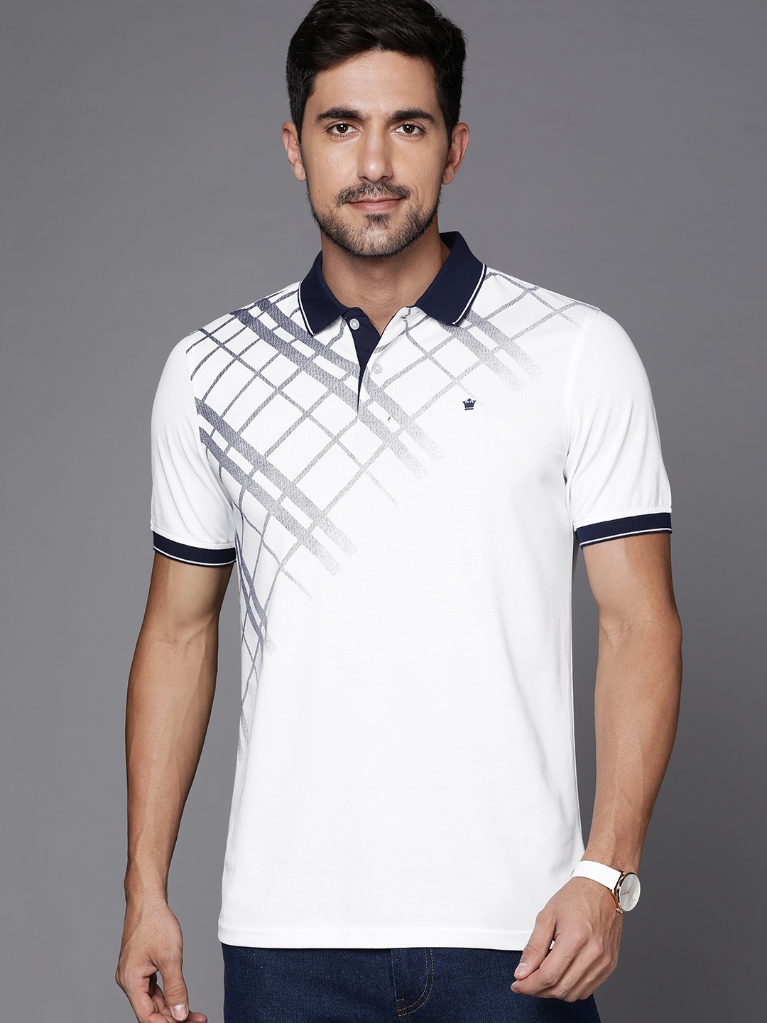 

Louis Philippe Men White & Navy Blue Printed Polo Collar T-shirt