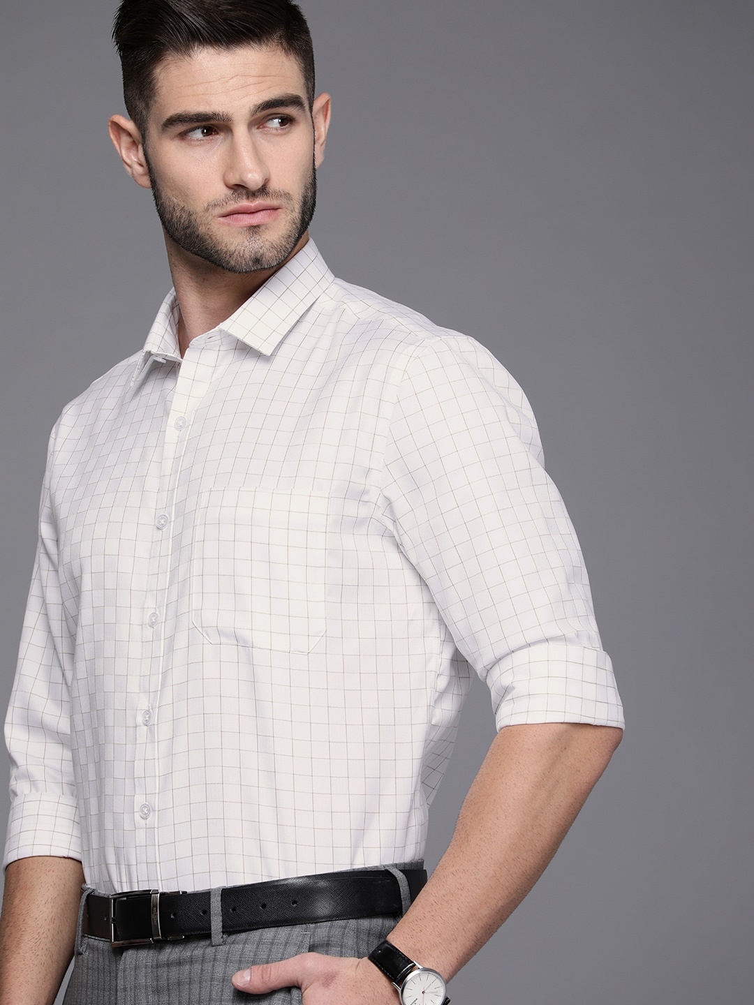 

Louis Philippe Men White Slim Fit Checked Pure Cotton Formal Shirt