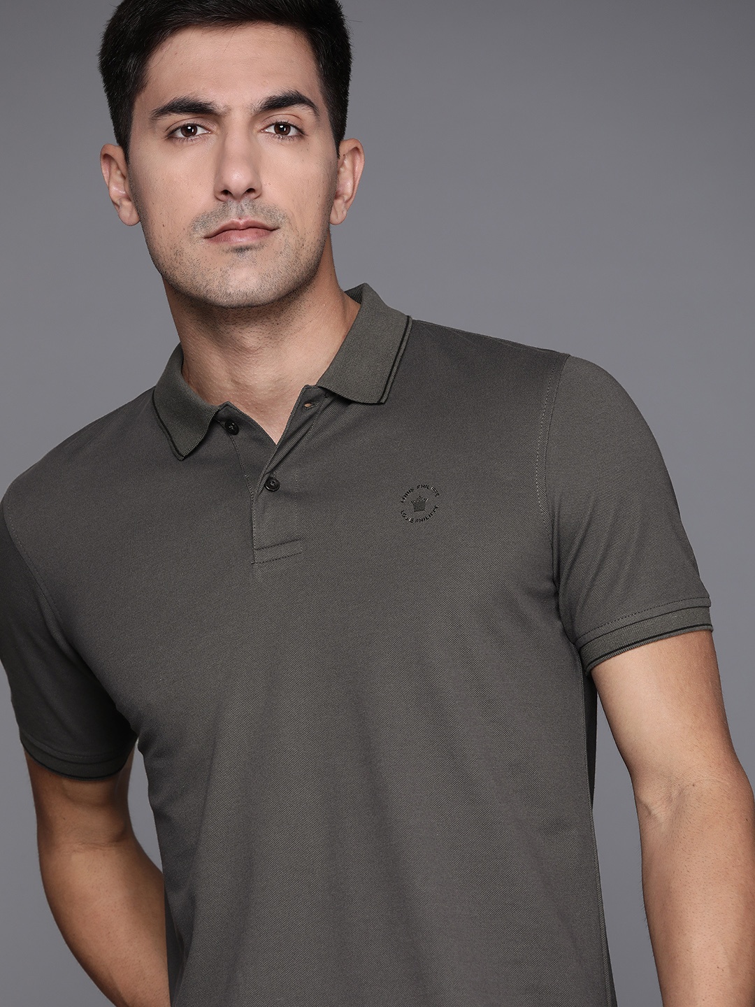 

Louis Philippe Men Charcoal Grey Polo Collar T-shirt