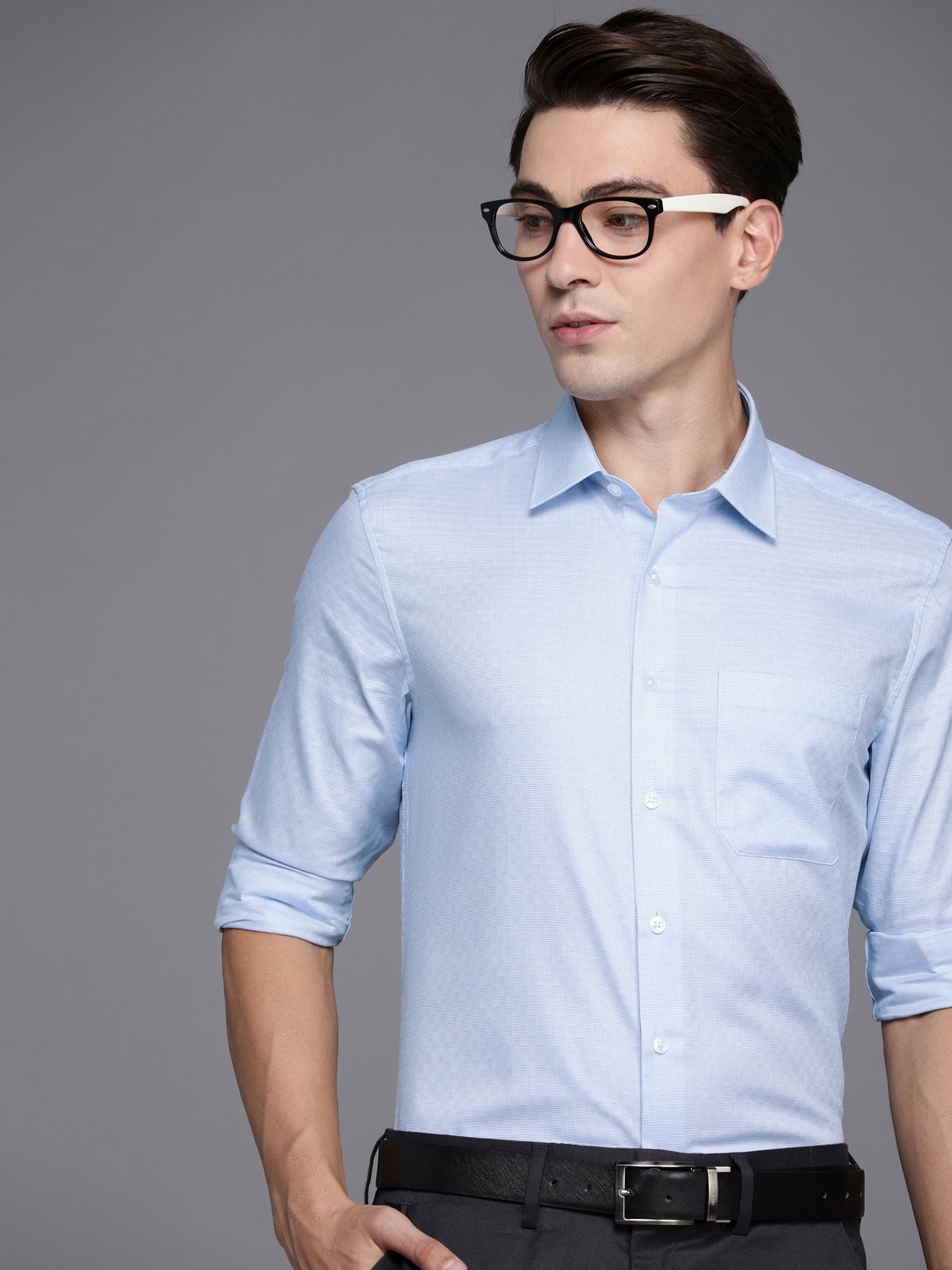 

Louis Philippe Men Blue textured Slim Fit Pure Cotton Formal Shirt