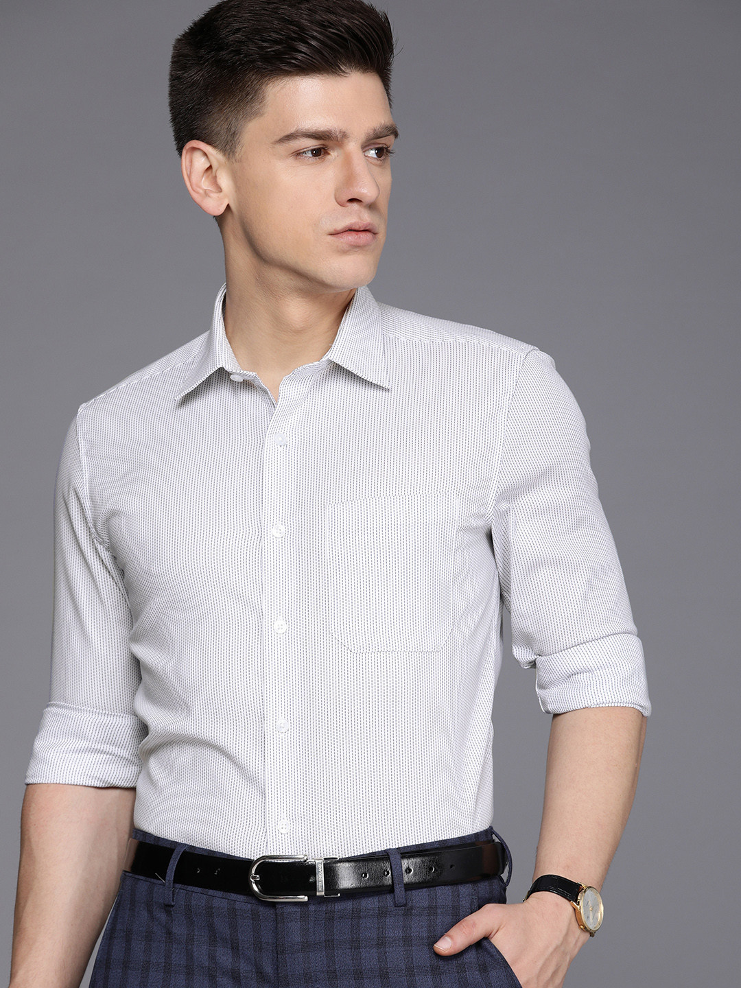 

Louis Philippe Men White & Navy Blue Self-Design Slim Fit Formal Shirt