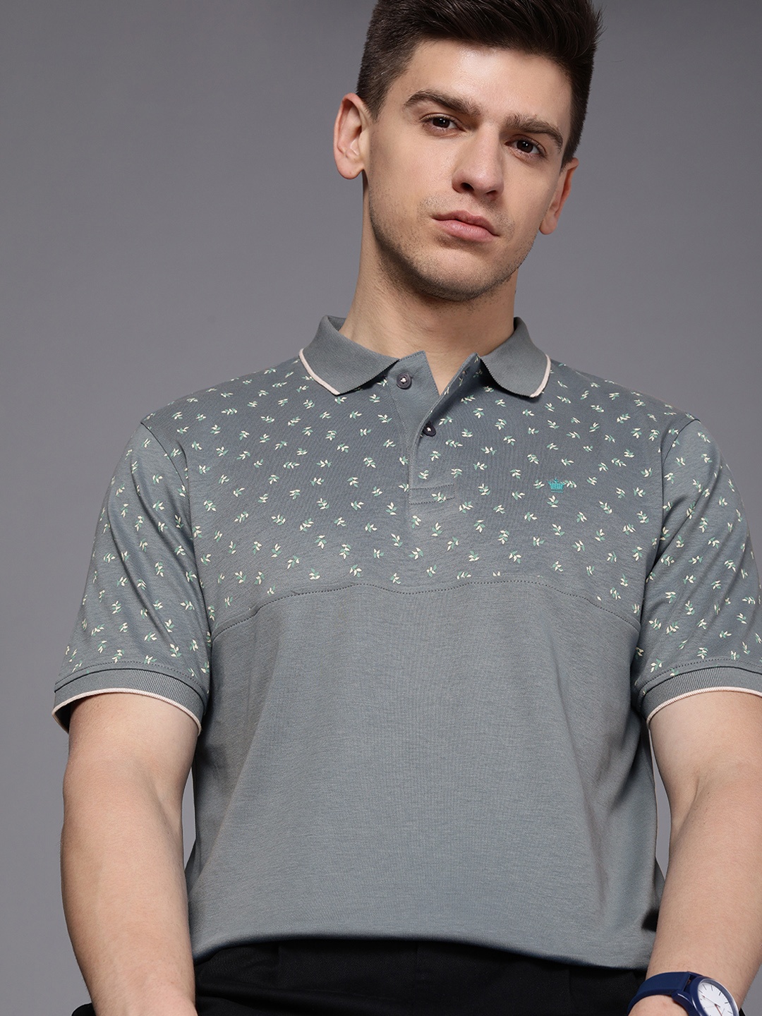 

Louis Philippe Men Blue & Blue Printed Polo Collar Pure Cotton T-shirt