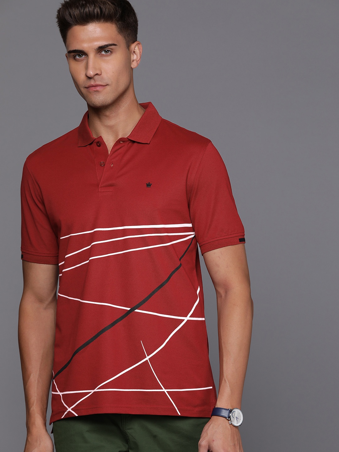 

Louis Philippe Men Maroon & Pink Geometric Printed Polo Collar T-shirt