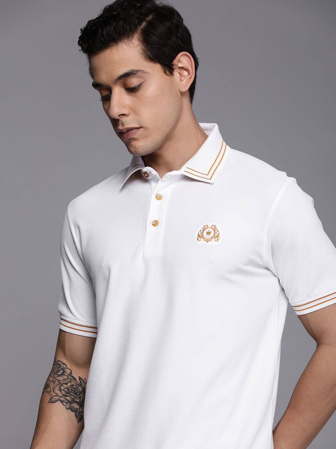 

Louis Philippe Men White Brand Logo Embroidered Polo Collar Pure Cotton T-shirt