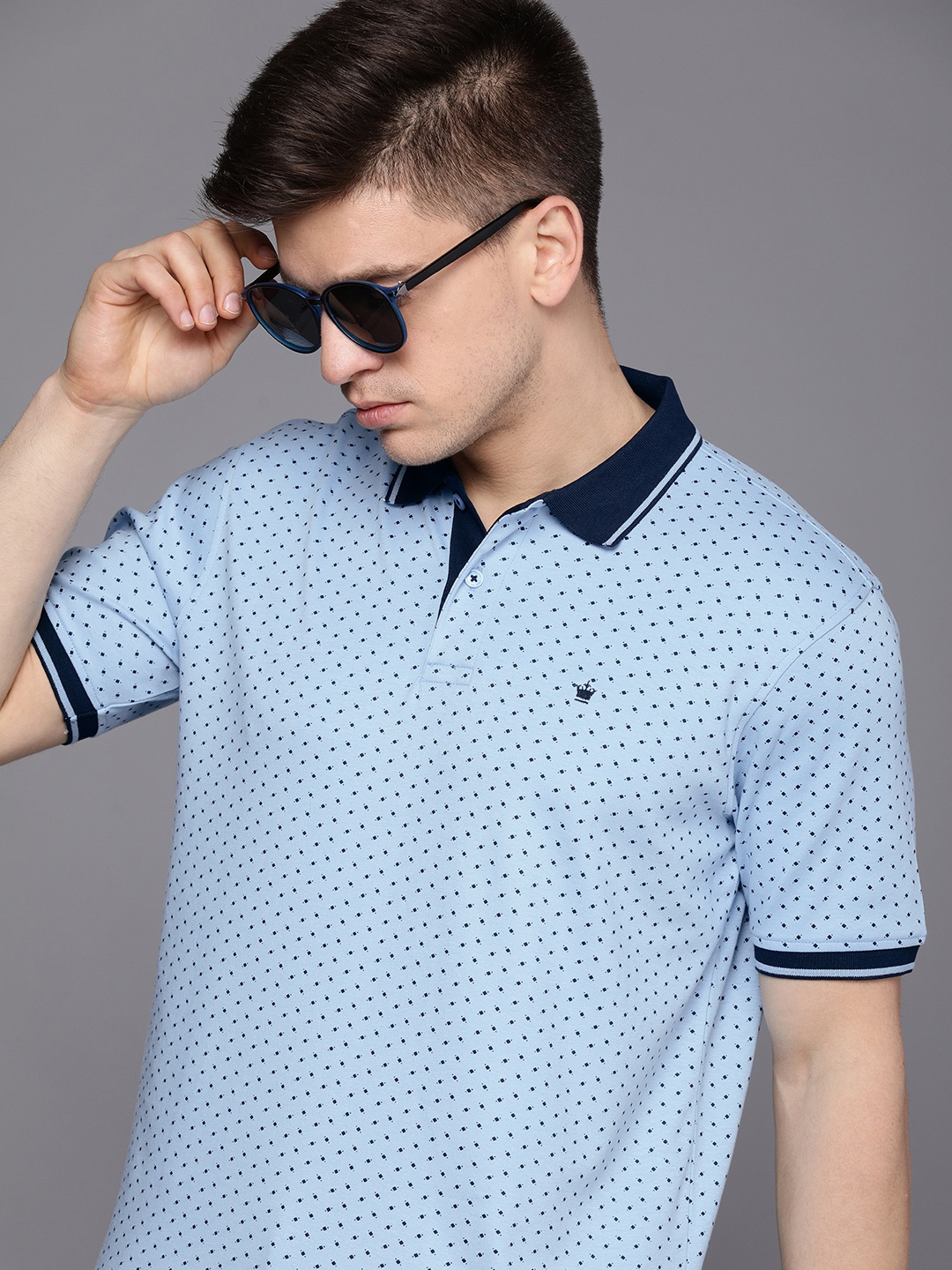 

Louis Philippe Men Blue & Black Printed Polo Collar Pure Cotton T-shirt