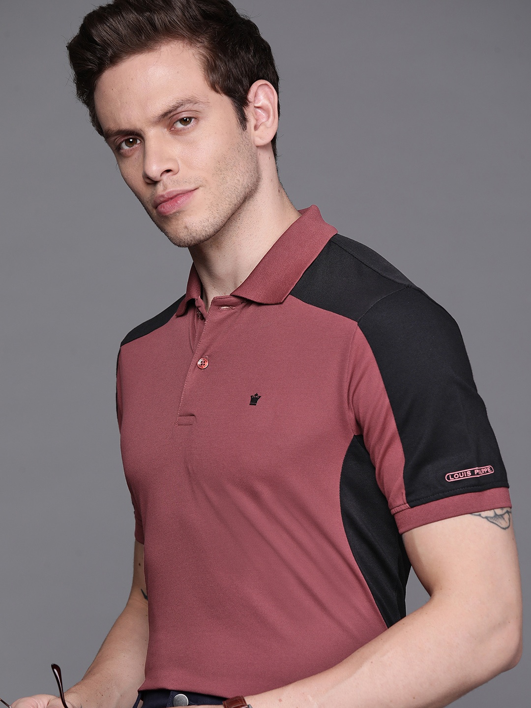 

Louis Philippe Men Black & Burgundy Colourblocked Polo Collar Athleisure T-shirt