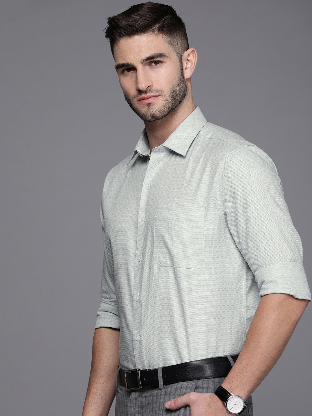 

Louis Philippe Men Green Self-Design Slim Fit Pure Cotton Formal Shirt
