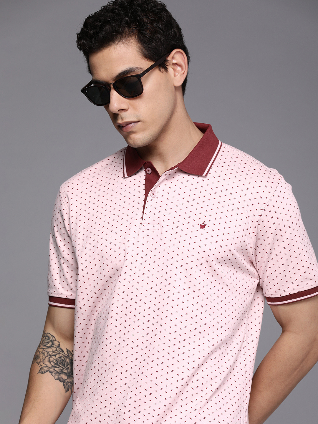 

Louis Philippe Men Pink & Maroon Printed Polo Collar Pure Cotton T-shirt