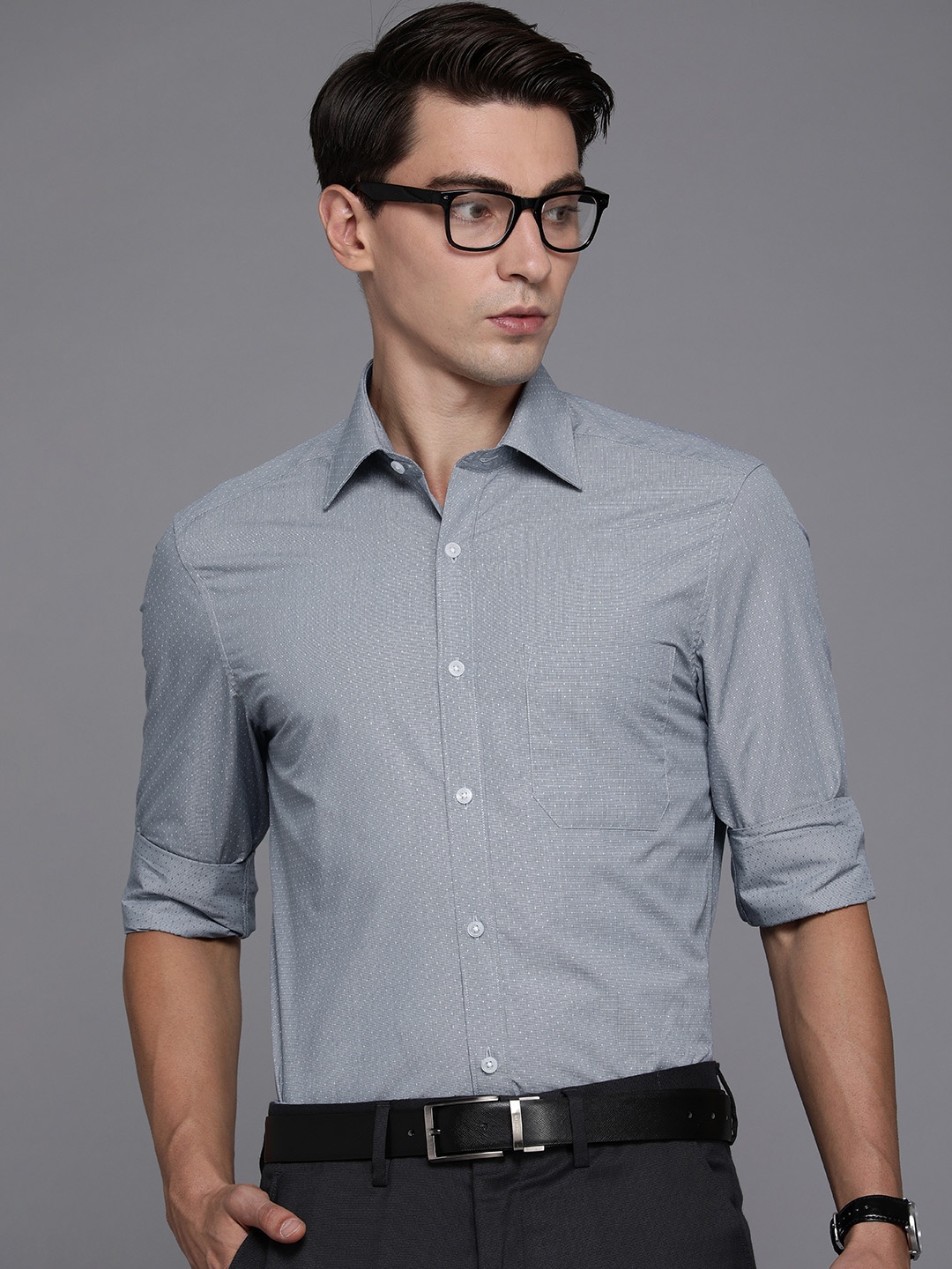 

Louis Philippe Men Grey & White Classic Fit Pure Cotton Printed Formal Shirt