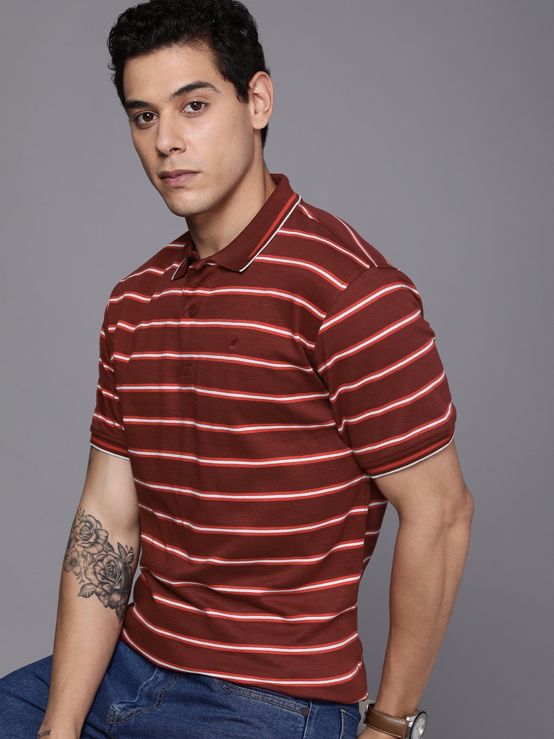

Louis Philippe Men Maroon & White Striped Pure Cotton Polo Collar T-shirt