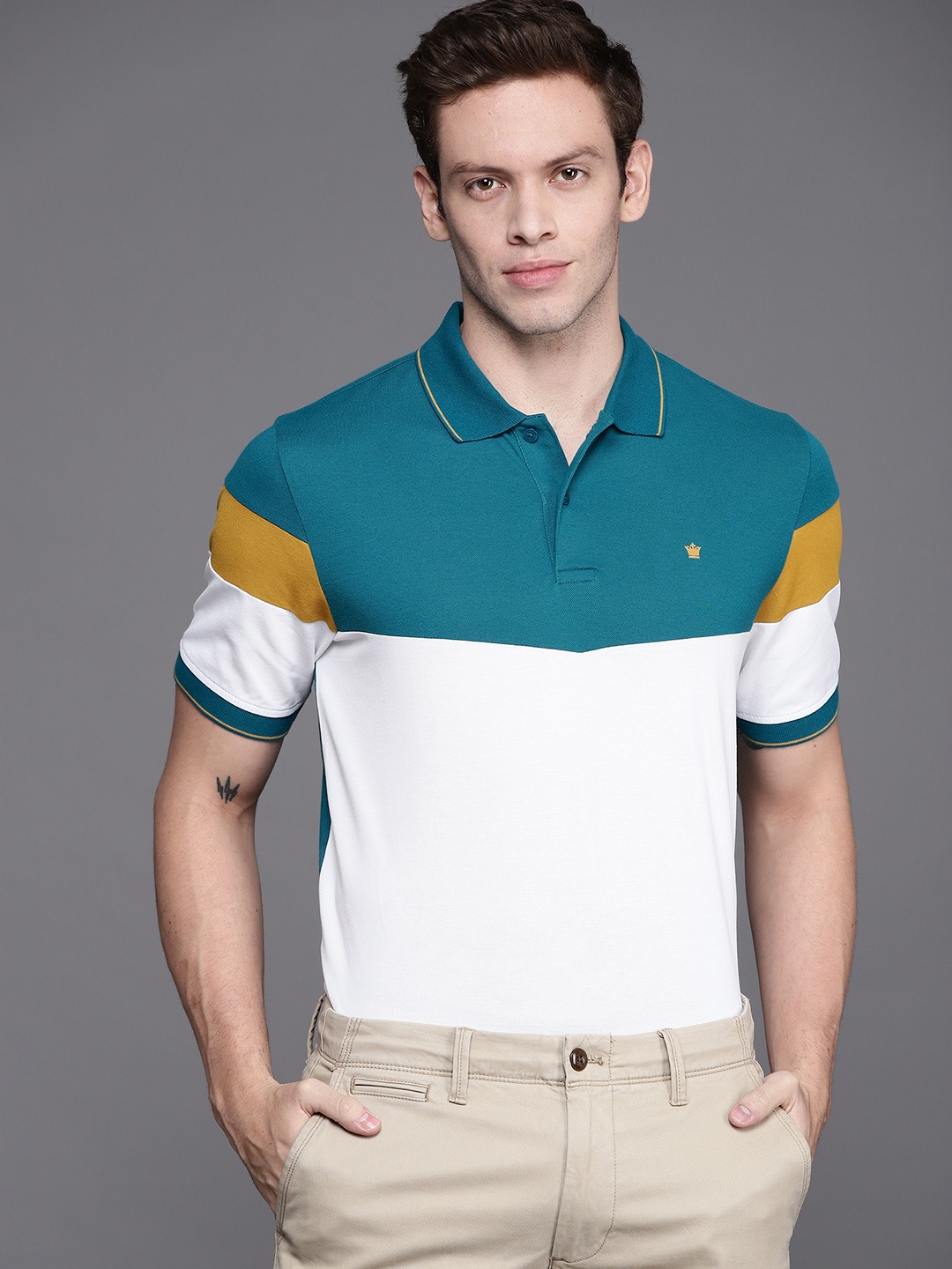 

Louis Philippe Men Teal Blue & White Colourblocked Polo Collar T-shirt