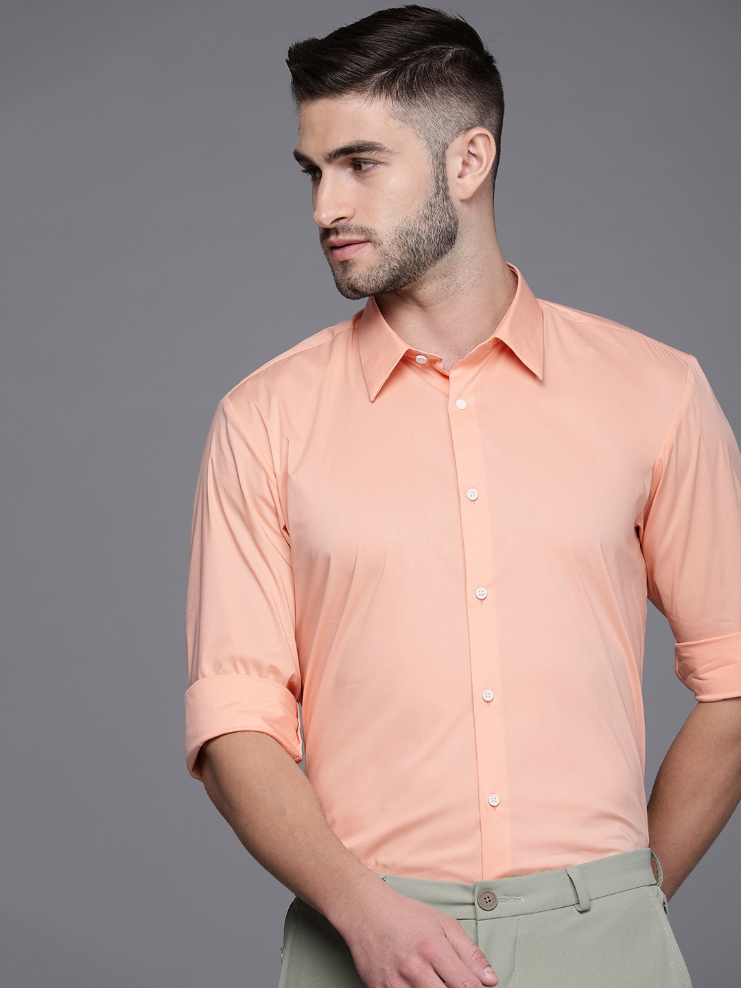 

Louis Philippe Ath Work Men Orange Solid Super Slim Fit Semiformal Shirt