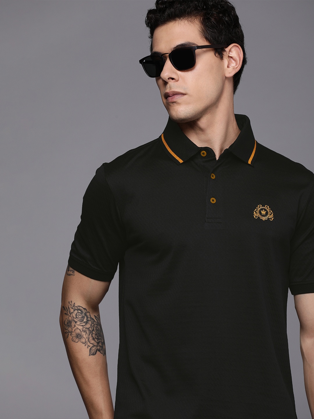 

Louis Philippe Men Black & Mustard Yellow Self Design Polo Collar Pure Cotton T-shirt