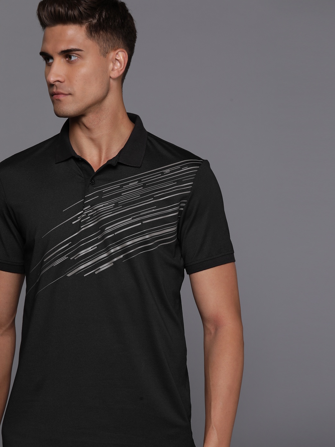 

Louis Philippe Ath Work Men Black & Charcoal Grey Printed Polo Collar T-shirt