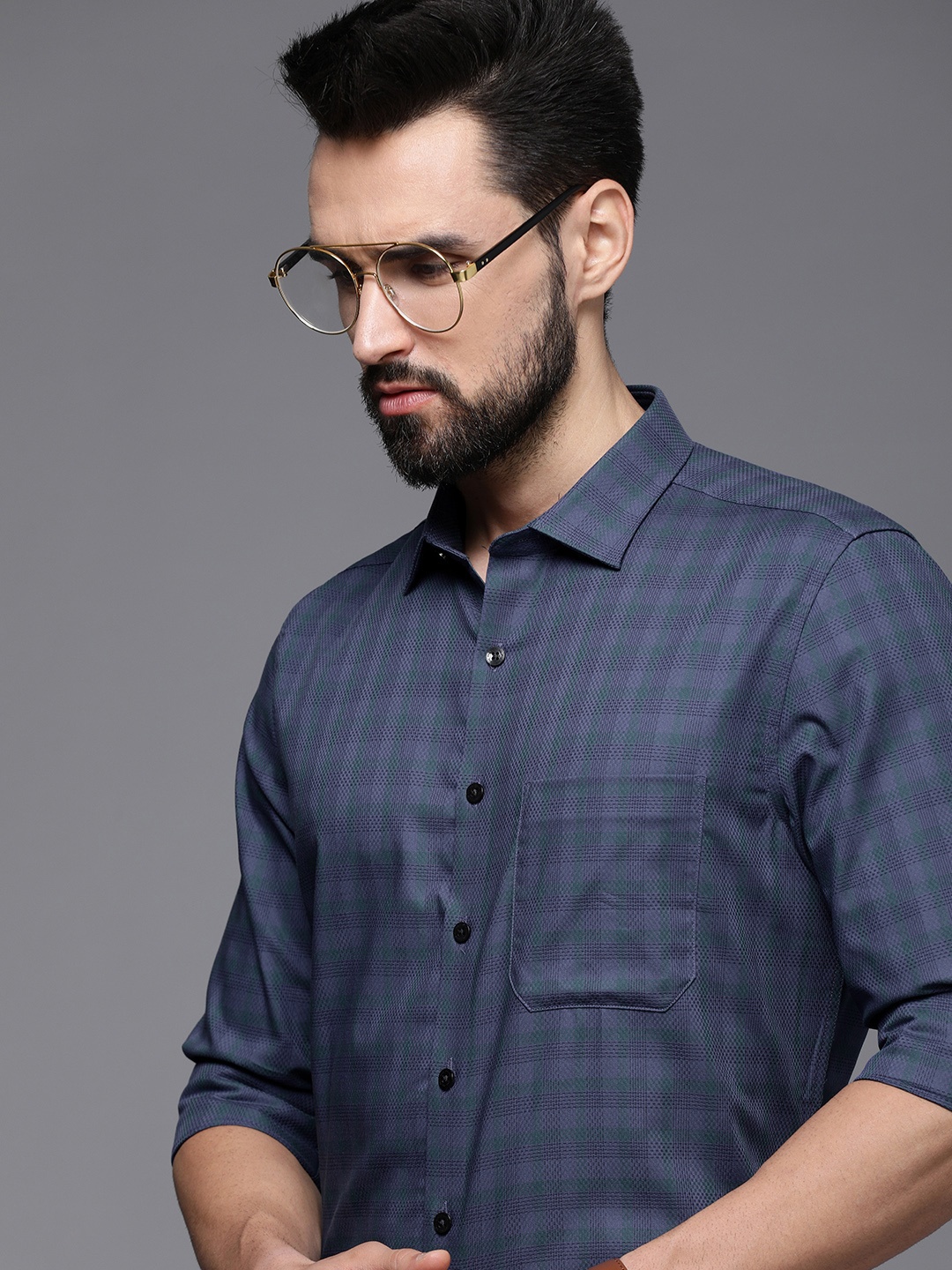 

Louis Philippe Men Grey Slim Fit Checked Pure Cotton Formal Shirt