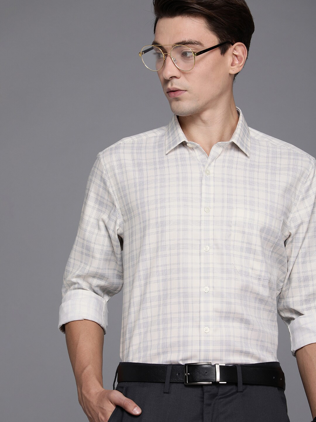 

Louis Philippe Men Cream-Coloured Slim Fit Checked Pure Cotton Formal Shirt