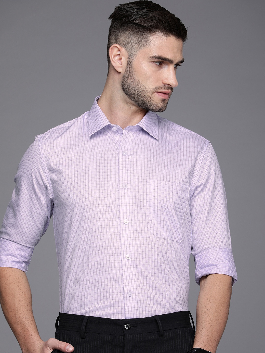 

Louis Philippe Men Lavender & White Slim Fit Checked Pure Cotton Formal Shirt