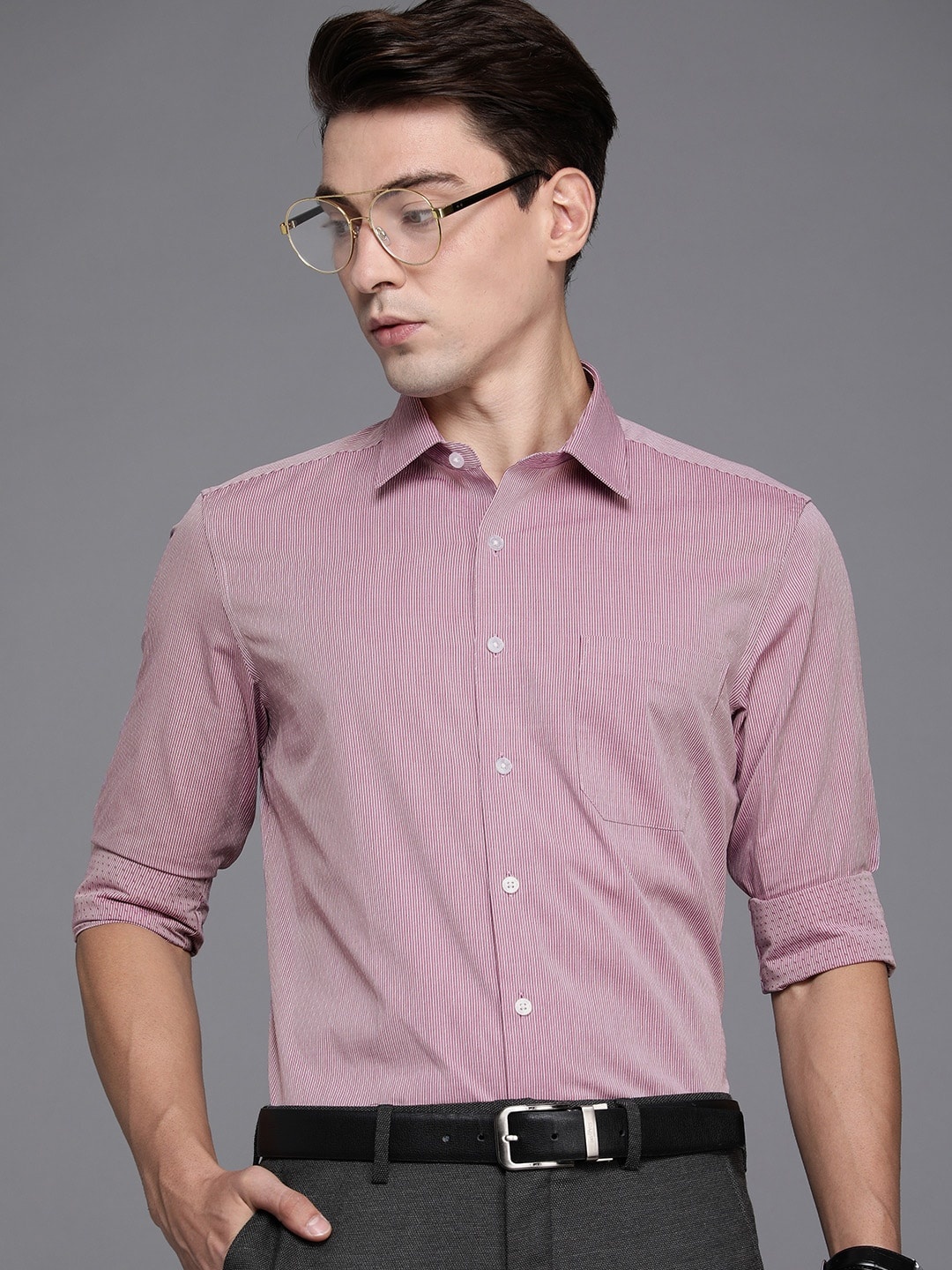 

Louis Philippe Men Red Slim Fit Striped Pure Cotton Formal Shirt