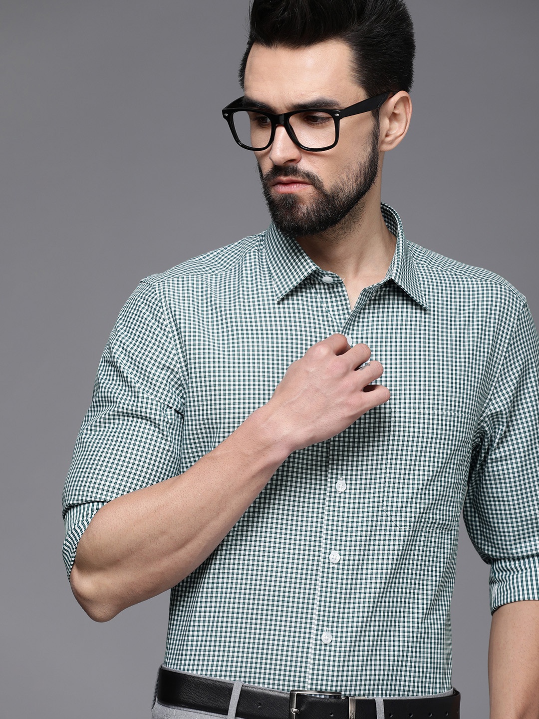 

Louis Philippe Men Green Slim Fit Checked Pure Cotton Formal Shirt