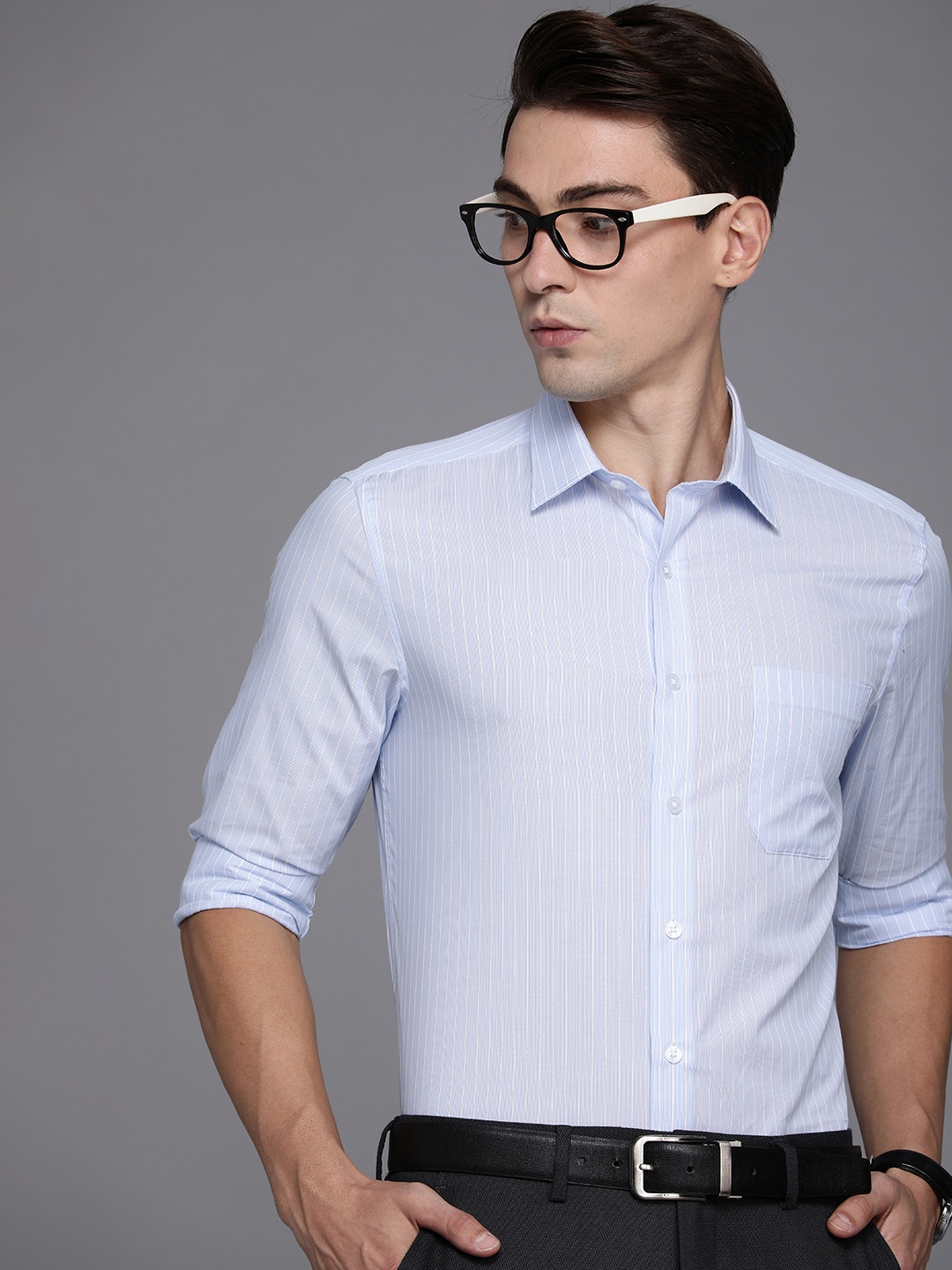 

Louis Philippe Men Blue & White Vertical Stripes Slim Fit Pure Cotton Formal Shirt