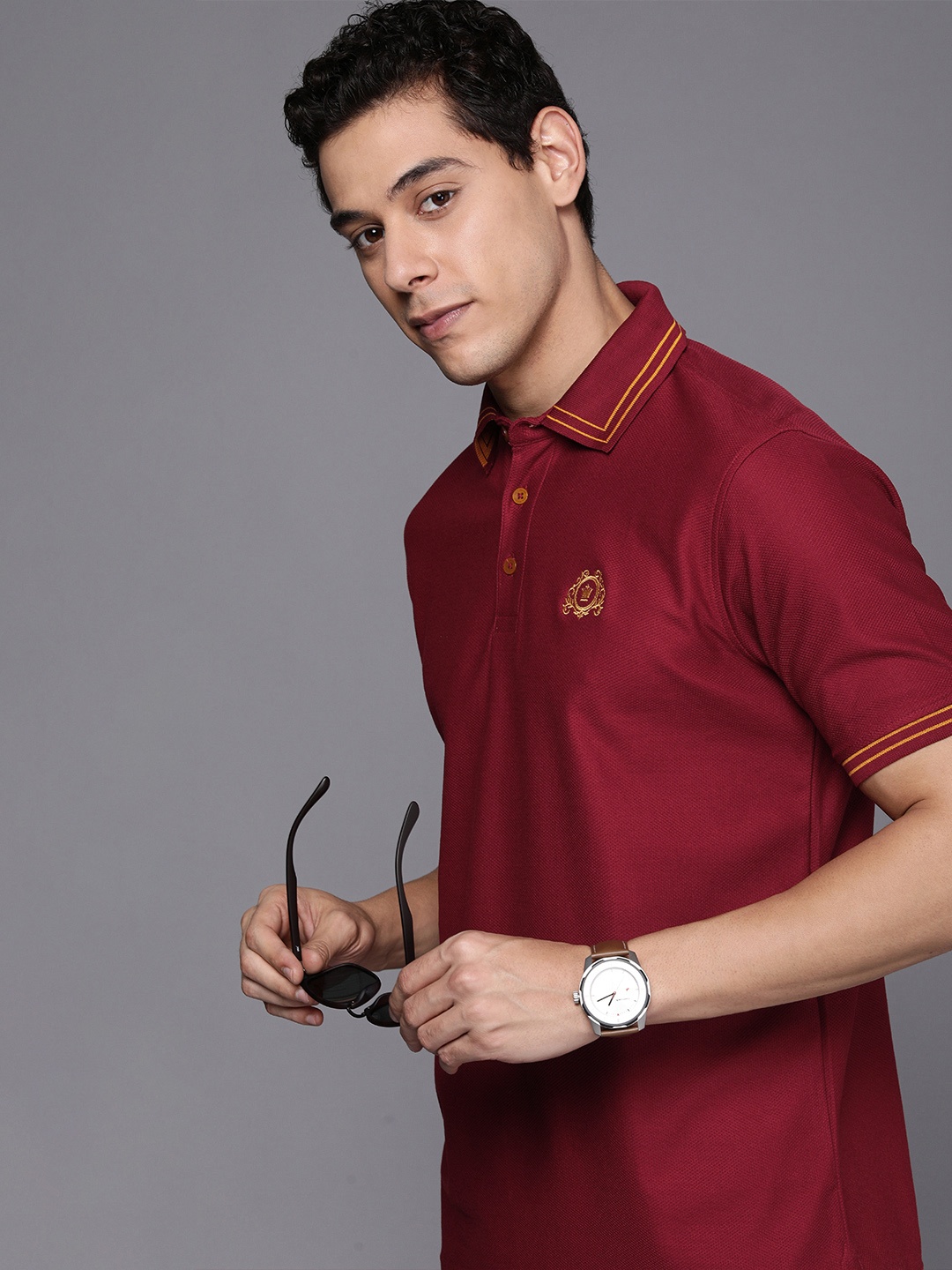 

Louis Philippe Men Maroon Brand Logo Embroidered Polo Collar Pure Cotton T-shirt