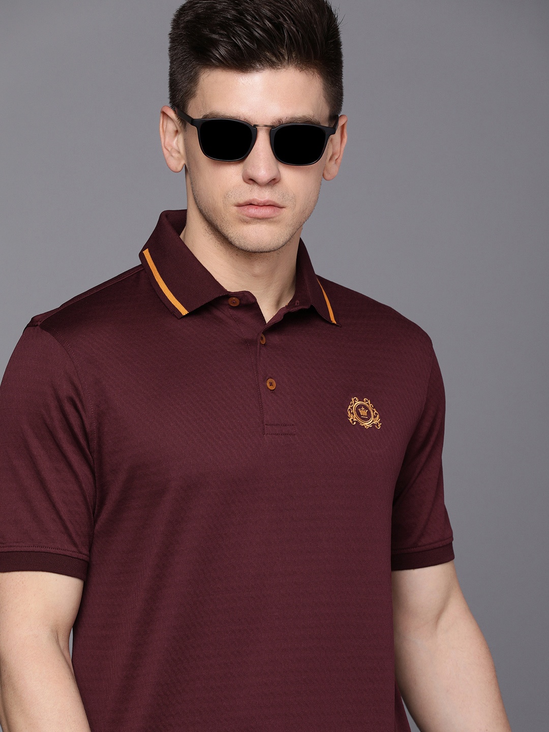 

Louis Philippe Men Burgundy Brand Logo Embroidered Polo Collar Pure Cotton T-shirt