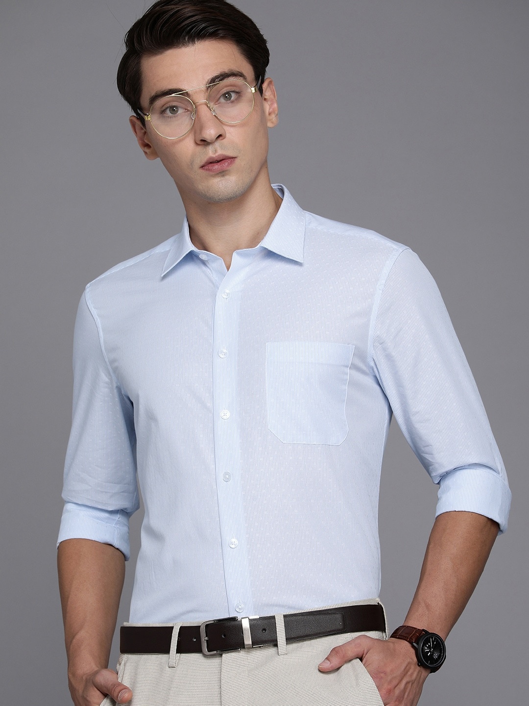 

Louis Philippe Men Blue & White Pinstriped Slim Fit Formal Shirt