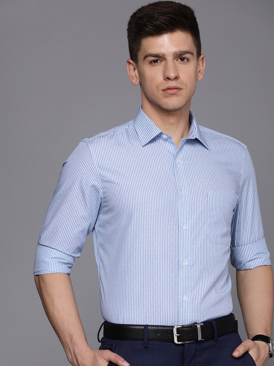 

Louis Philippe Men Blue & White Slim Fit Striped Formal Pure Cotton Shirt