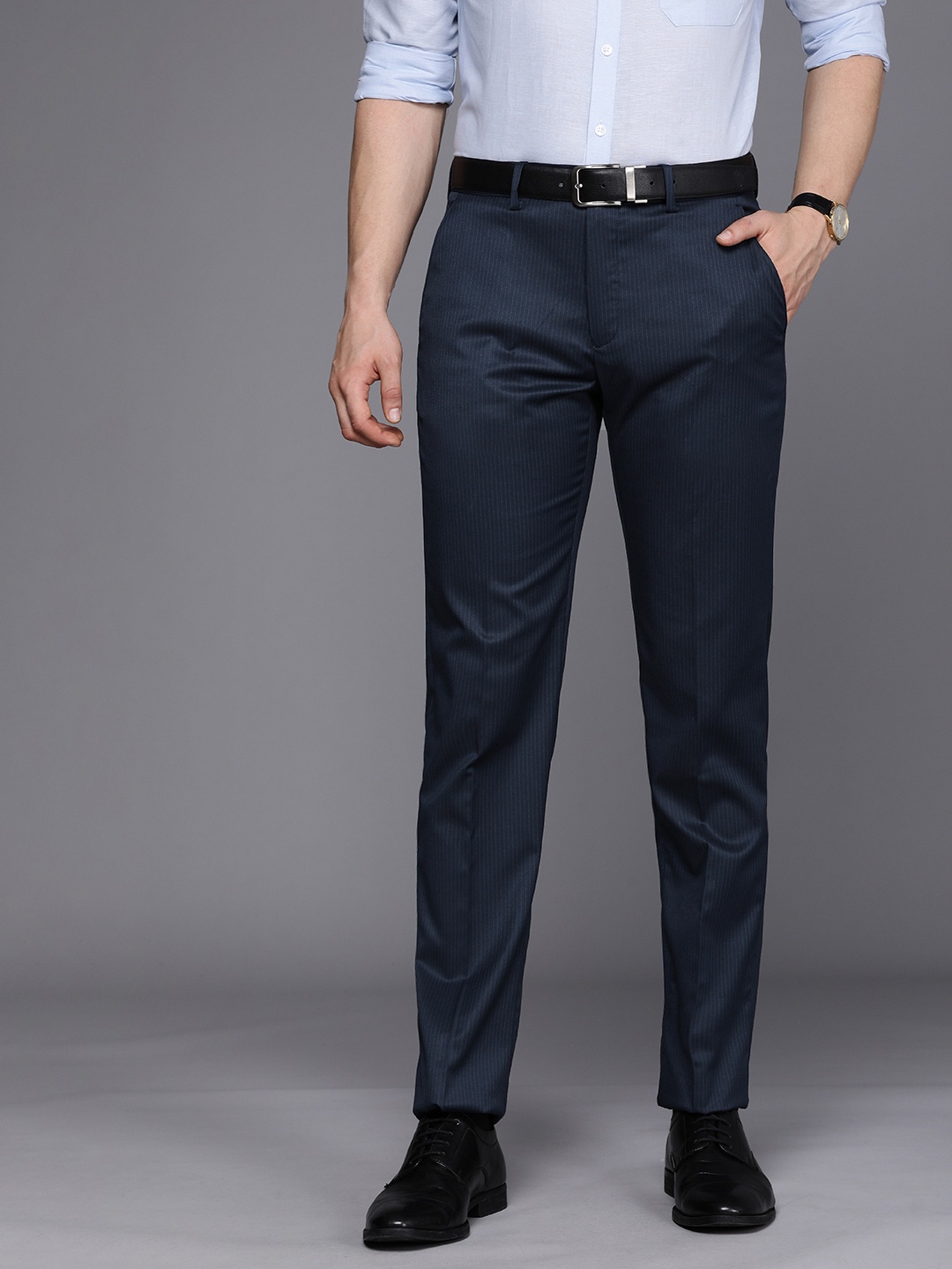 

Louis Philippe Men Navy Blue Striped Trousers