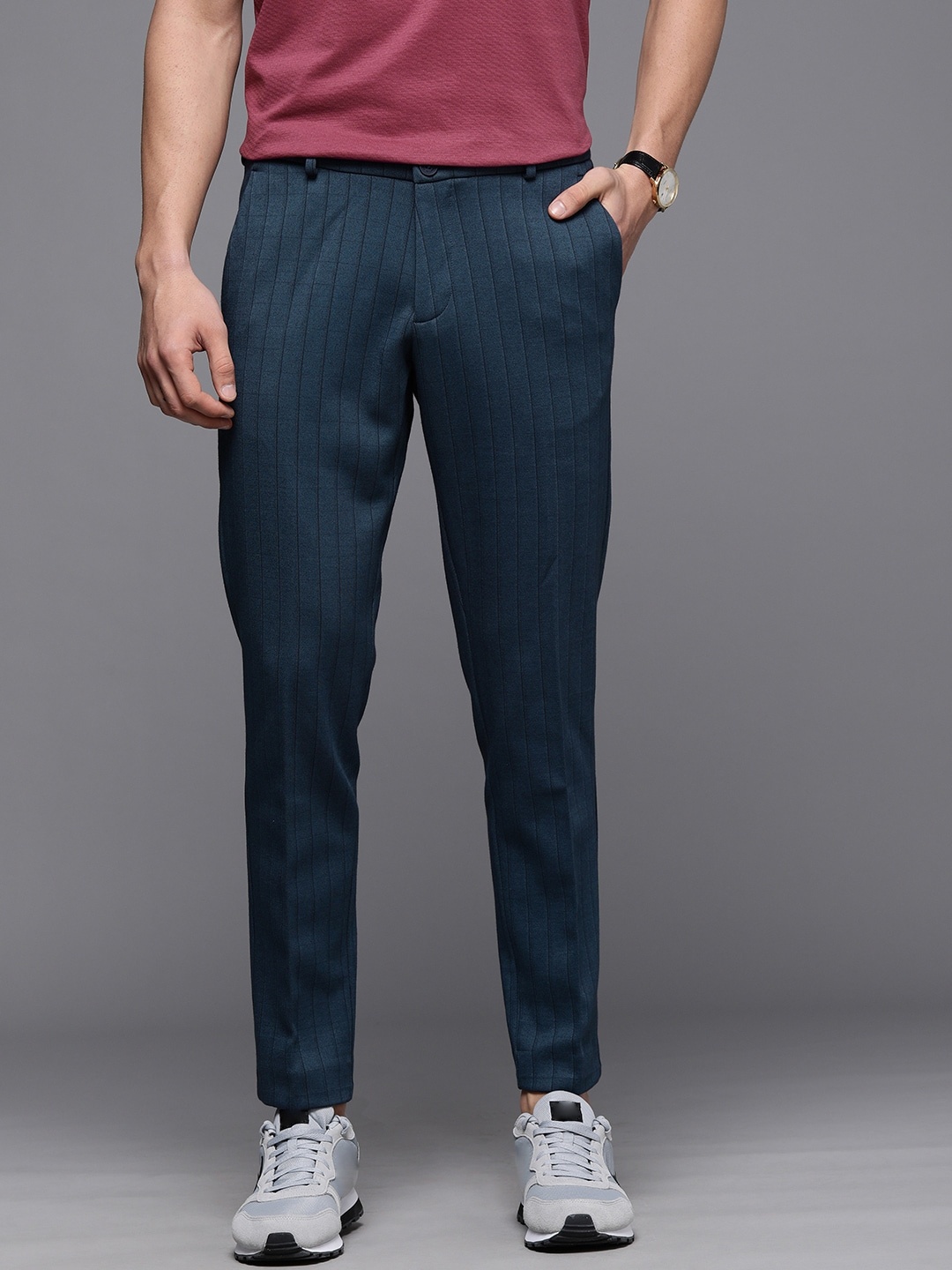 

Louis Philippe Ath.Work Men Navy Blue Striped Comfort Tapered Fit Trousers