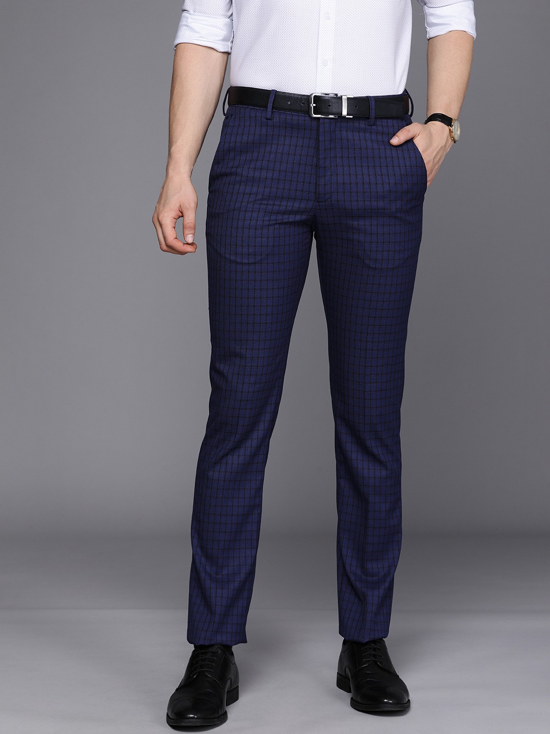 

Louis Philippe Men Navy Blue Checked Slim Fit Wrinkle Free Formal Trousers