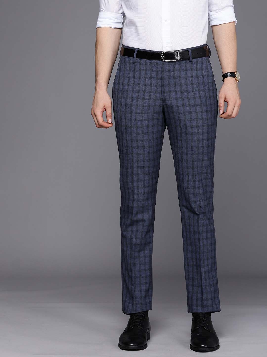 

Louis Philippe Men Navy Blue Checked Slim Fit Trousers