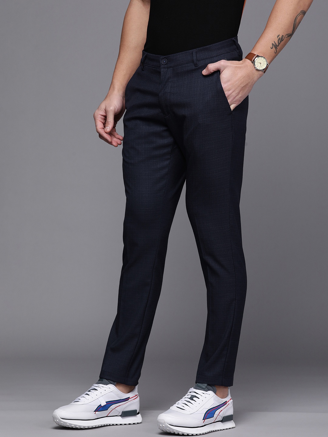 

Louis Philippe Ath Work Men Navy Blue Checked Comfort Tapered Fit Trousers