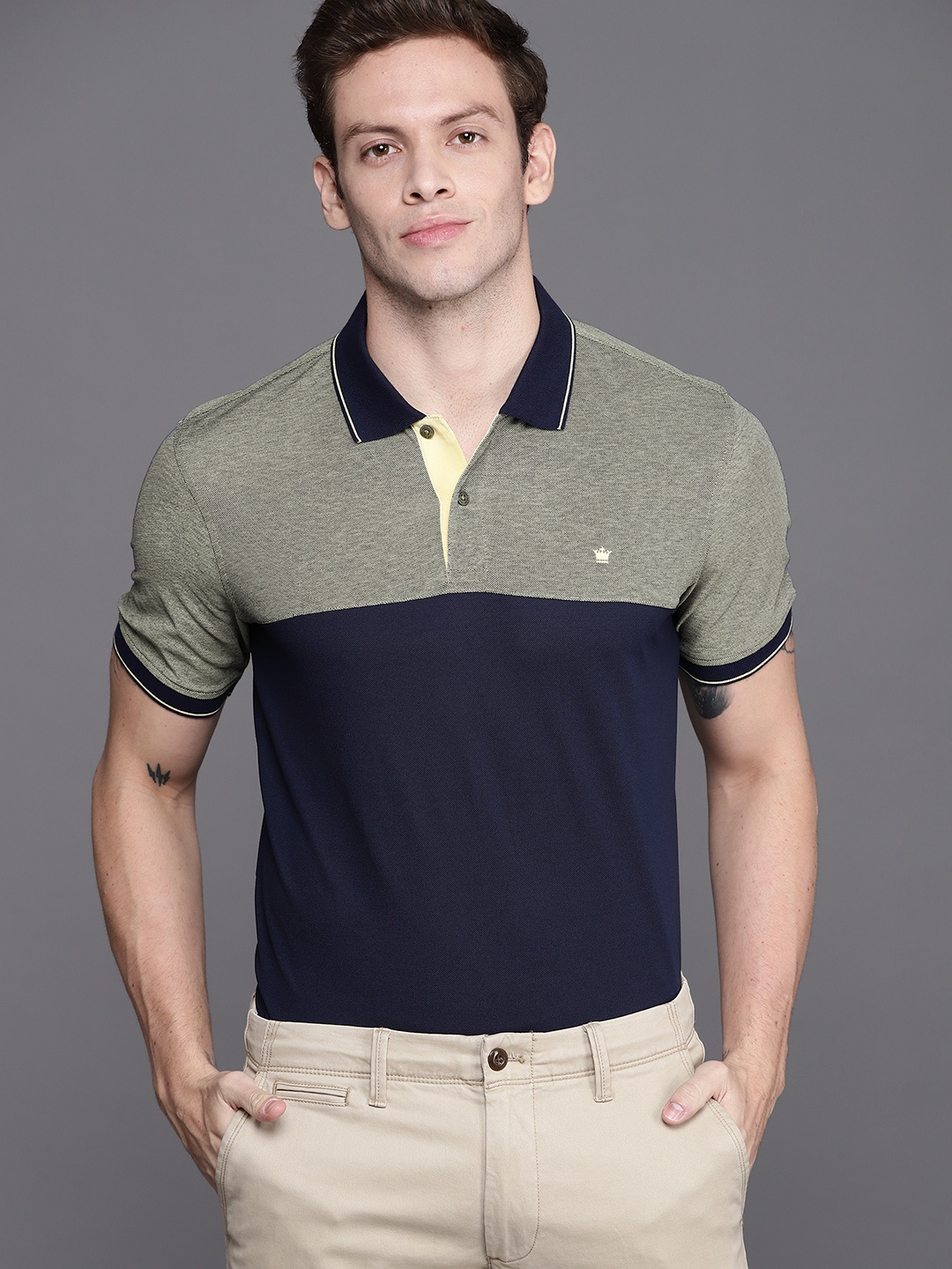 

Louis Philippe Men Navy Blue & Green Colourblocked Polo Collar T-shirt