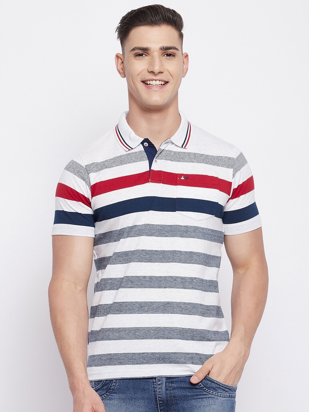 

NEVA Men White & Grey Striped Polo Collar Cotton T-shirt