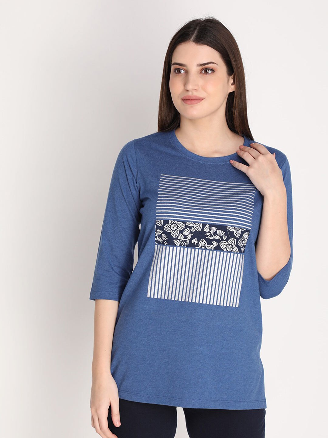 

NEVA Women Blue Floral Printed Cotton T-shirt