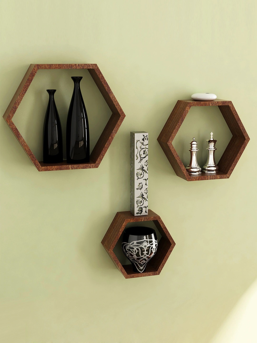 

Home Sparkle Brown Set of 3 Engineered Wood Hexagonal Wall Shelves