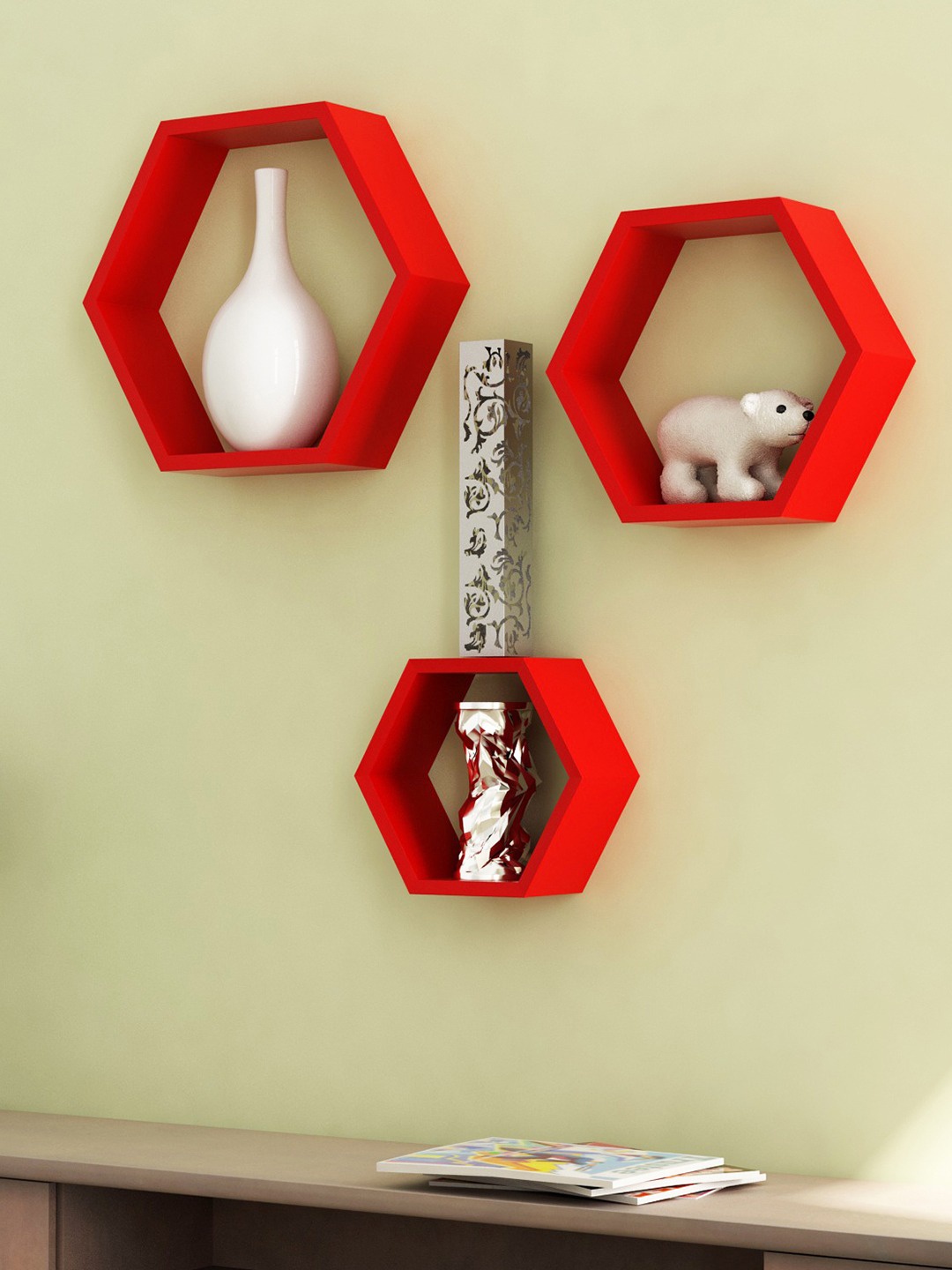 

Home Sparkle Red Set of 3 Engineered Wood Hexagonal Wall Shelves