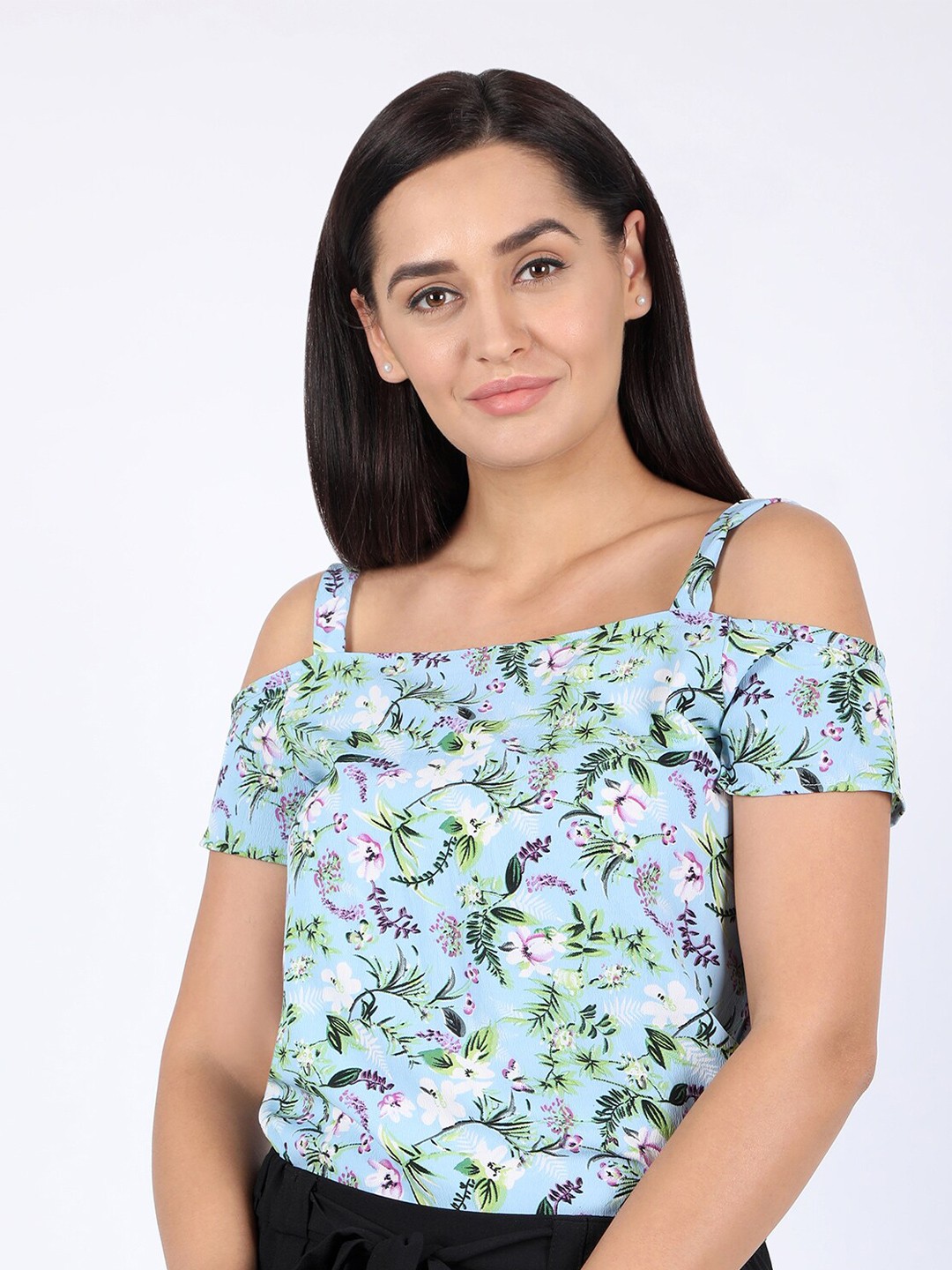 

CHIMPAAANZEE Blue & Multicoloured Floral Print Cold Shoulder Top