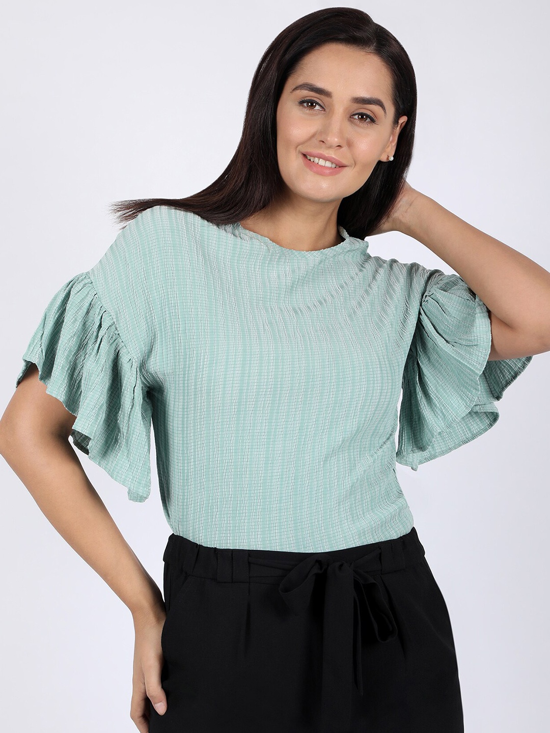 

CHIMPAAANZEE Green Solid Flutter Sleeve Top