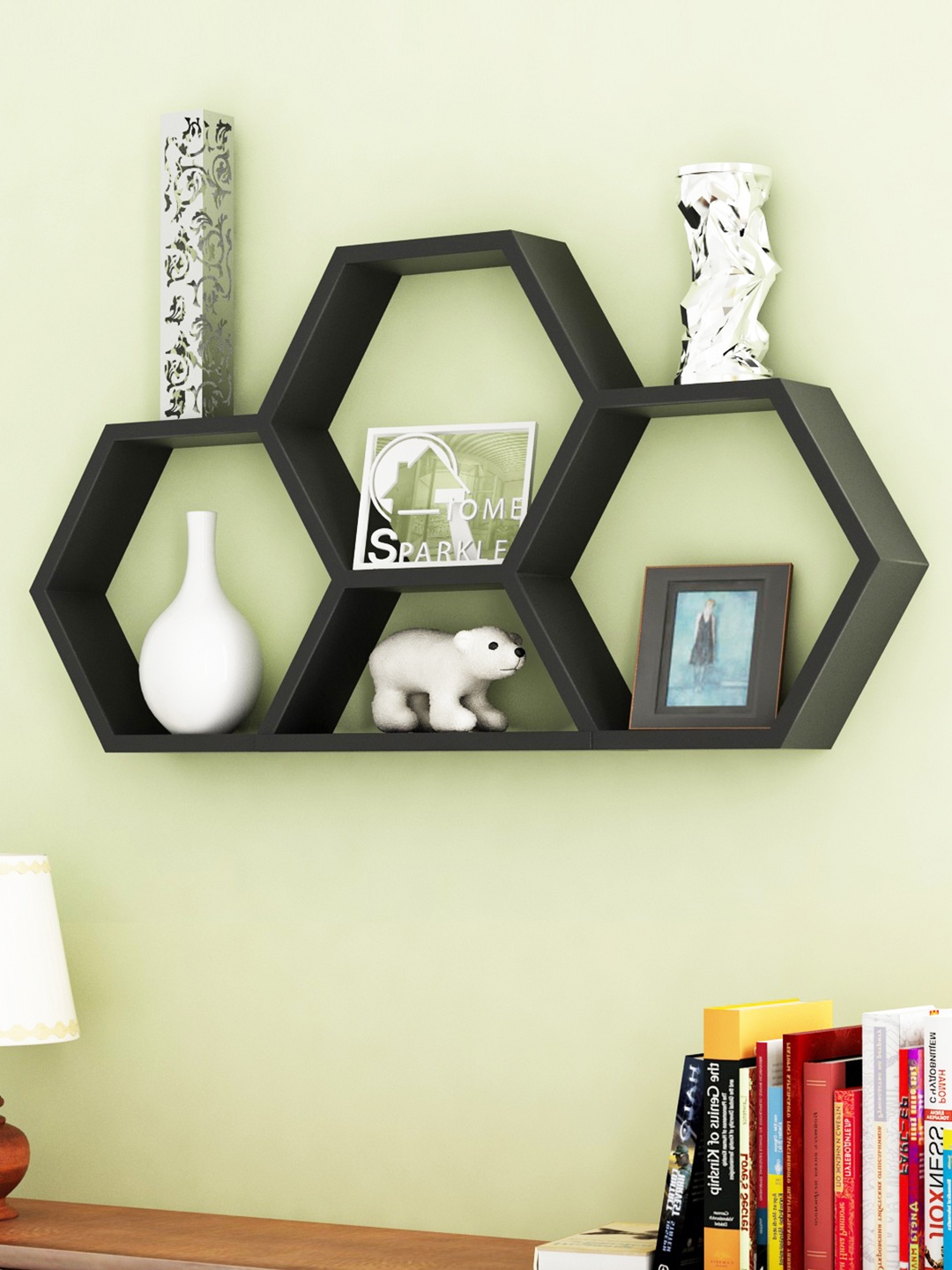 

Home Sparkle Black Engineered Wood Hexagonal Wall Shelf