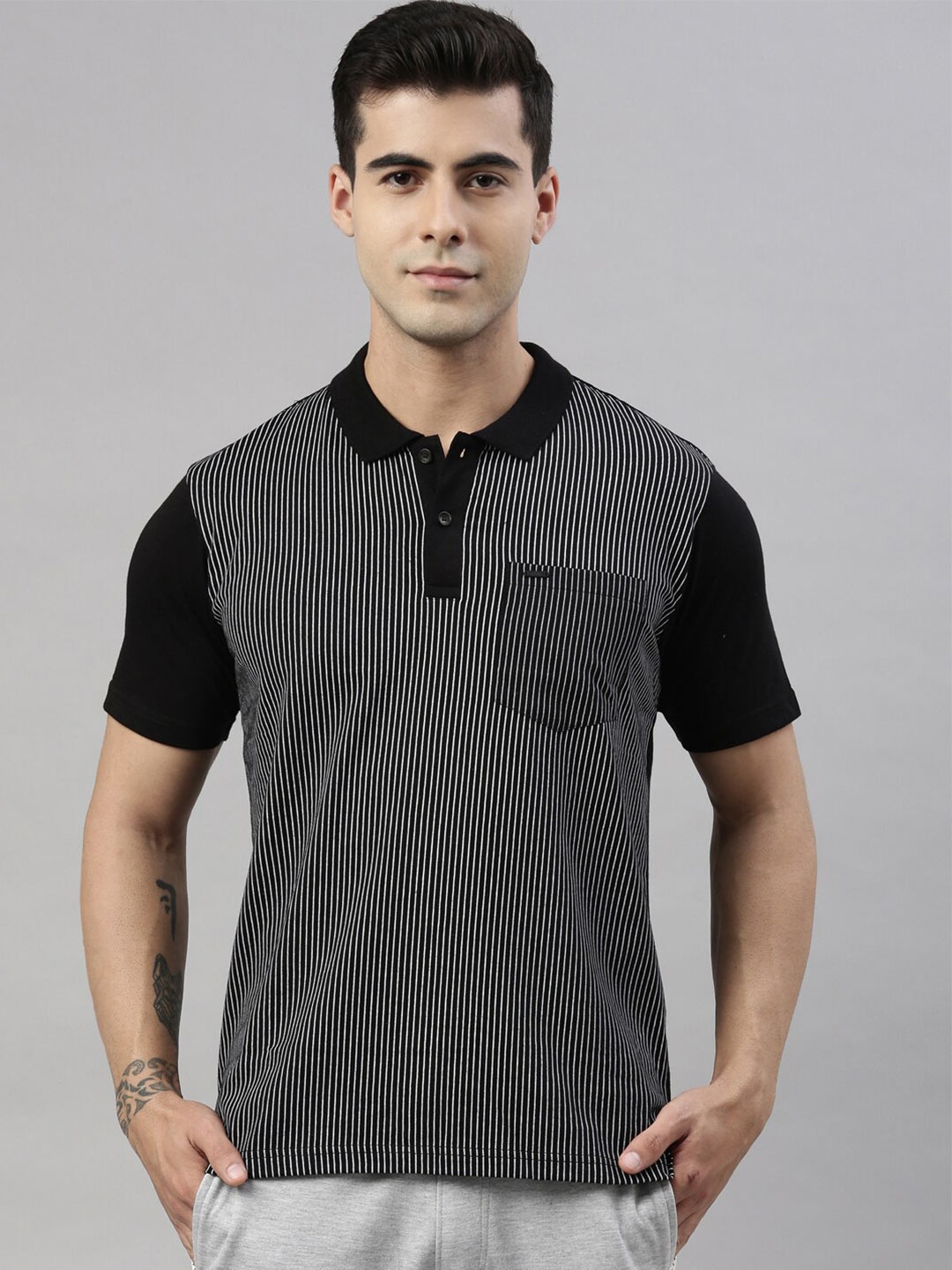 

Proline Active Men Black Striped Polo Collar T-shirt