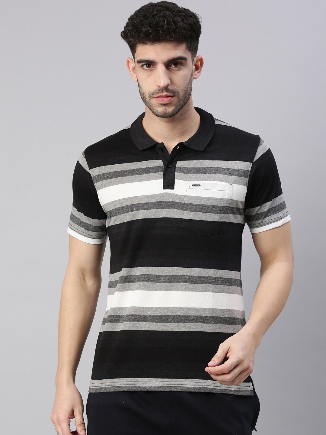 

Proline Active Men Black Striped Polo Collar T-shirt
