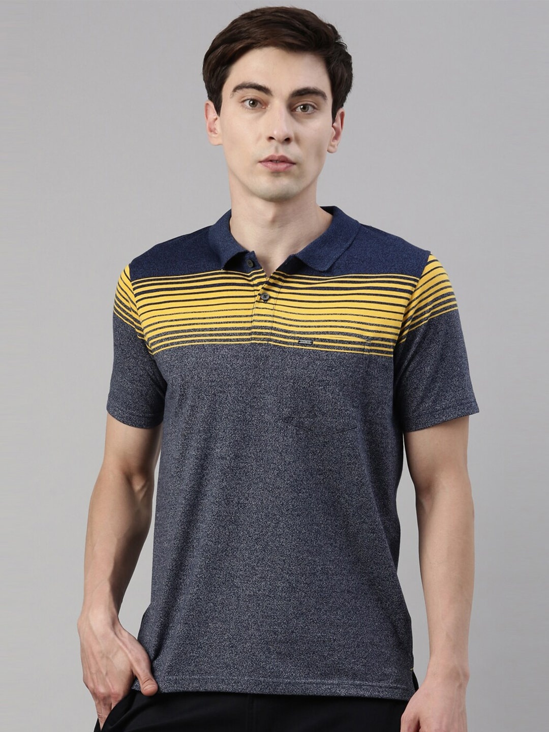 

Proline Active Men Blue & Yellow Striped Cotton Polo Collar T-shirt