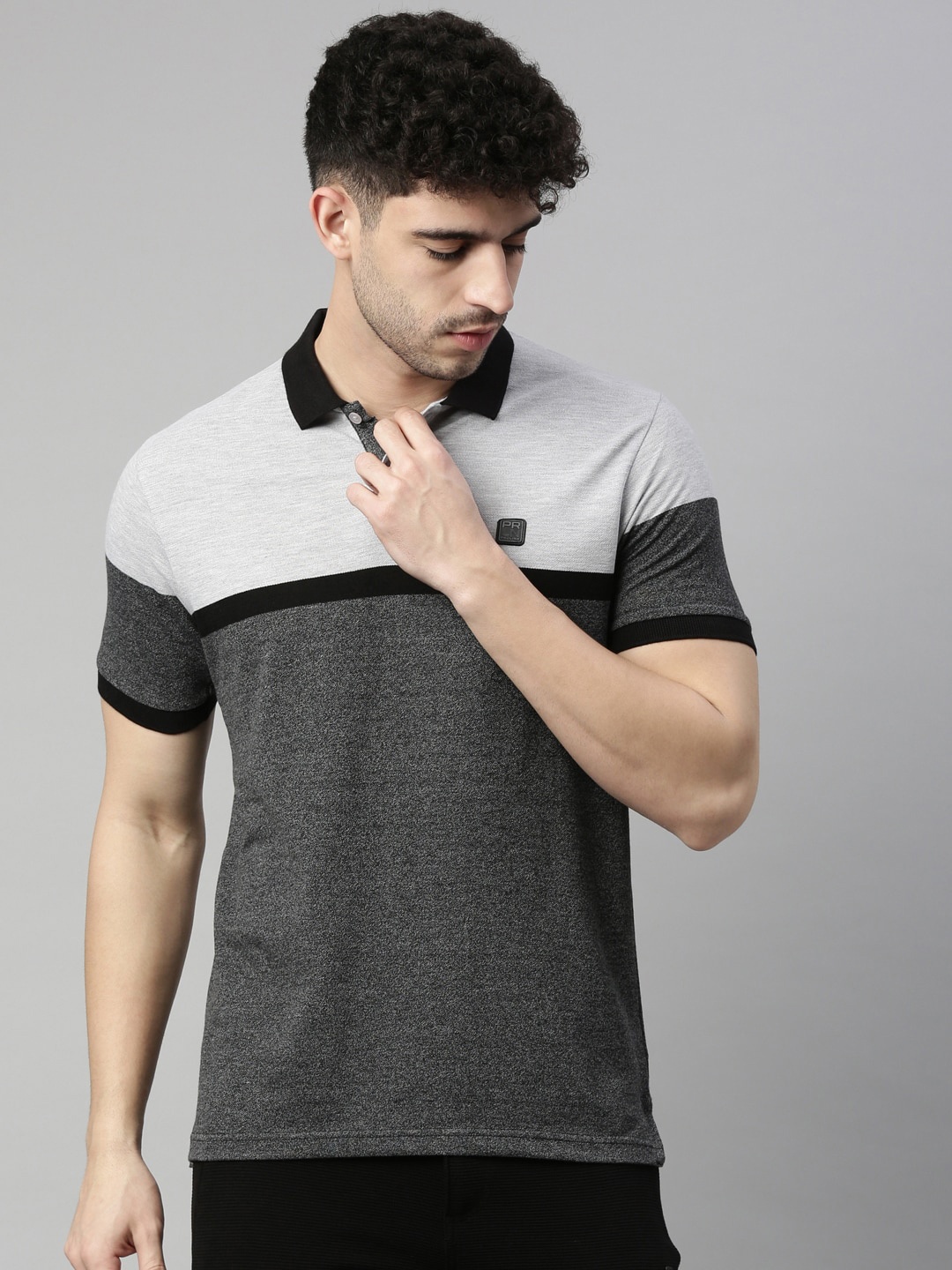 

Proline Active Men Grey Colourblocked Cotton Polo Collar T-shirt