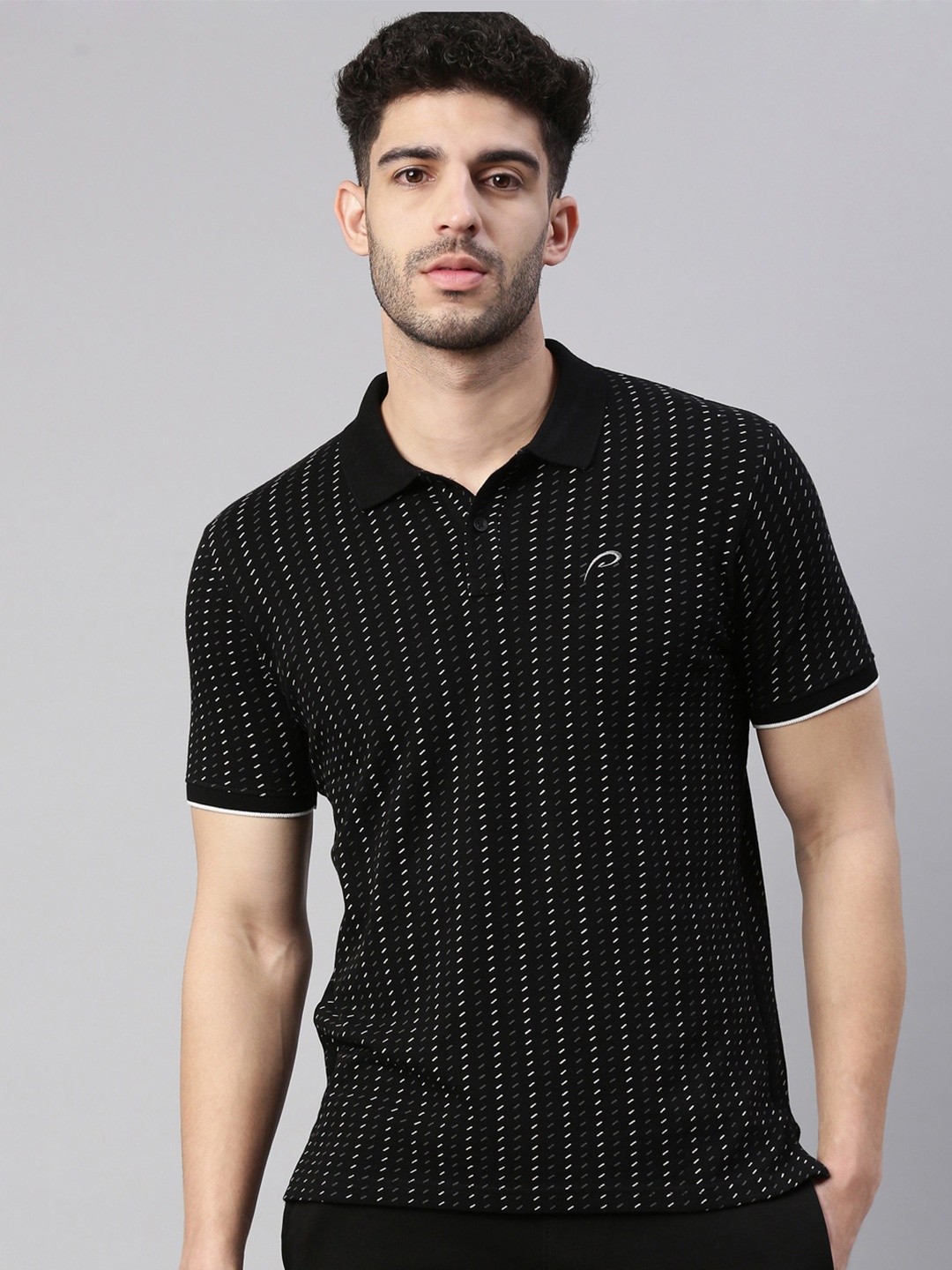 

Proline Active Men Black Geometric Printed Cotton Polo Collar T-shirt