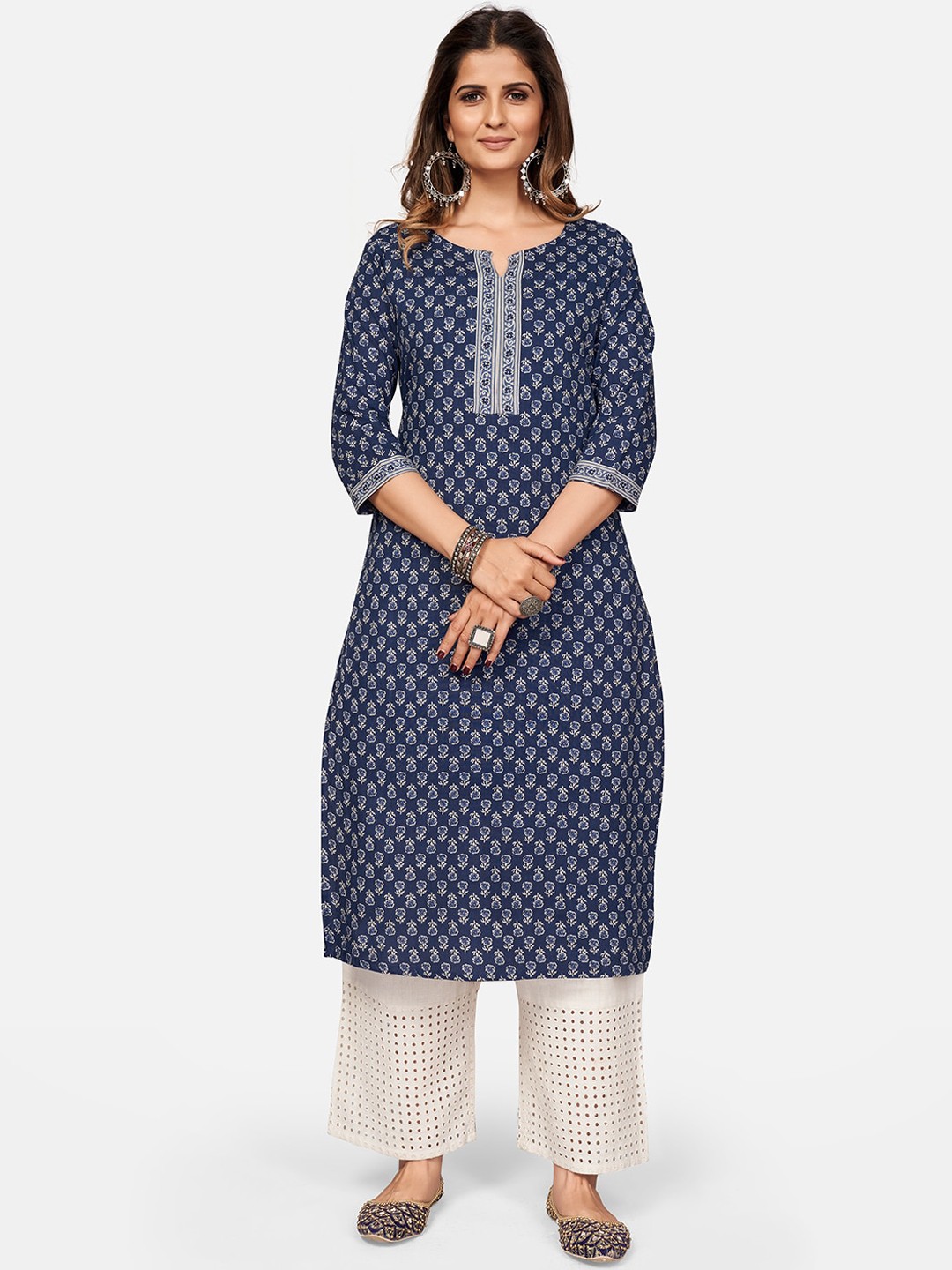 

Vbuyz Women Blue & White Printed Cotton Kurta